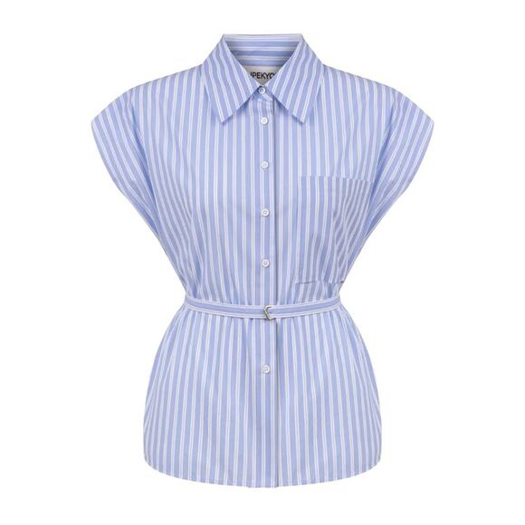 IPEKYOL Poplin Blouse Button Down w Belt Detail Blue White Size 42 - Picture 2 of 11